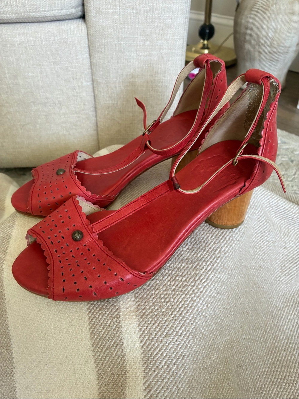 Bali Elf Red Leather Block Heel Sandals - Women's Open Toe Ankle Strap